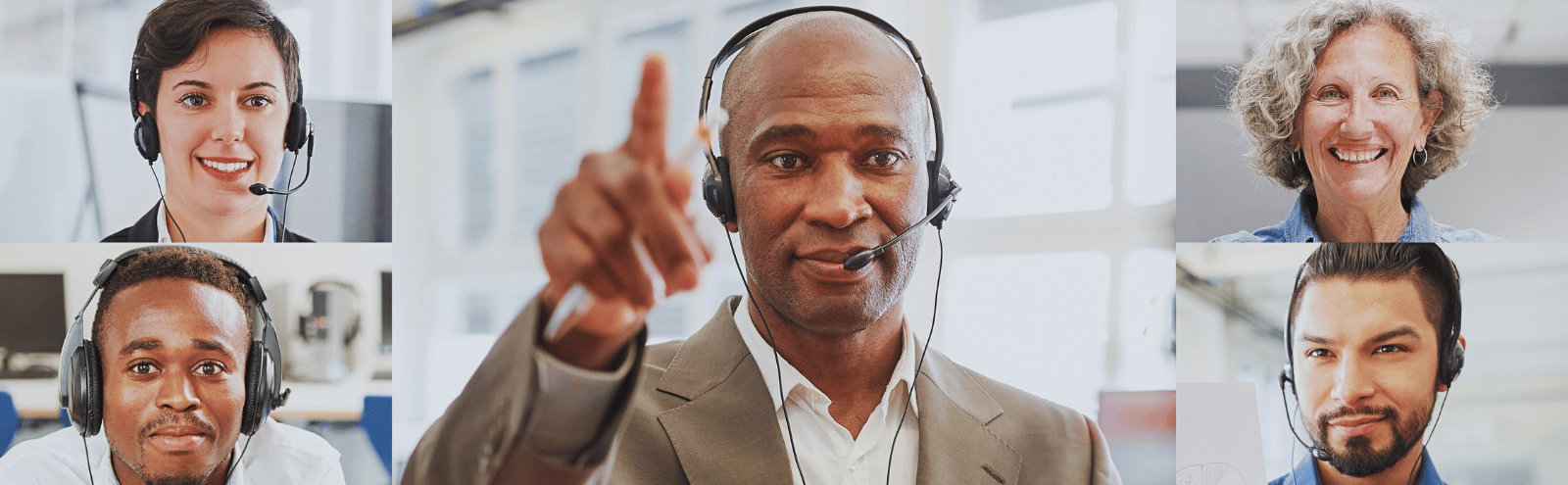 Video display of diverse office team members wearing headsets for remote team bonding during remote meeting.